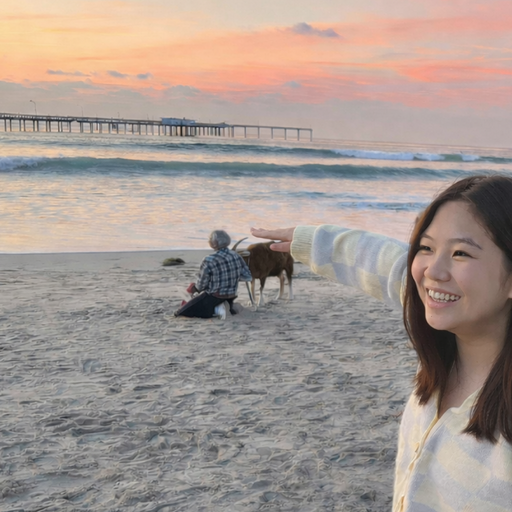 Sandy smiling on a beach at sunset, pointing toward a goat.
